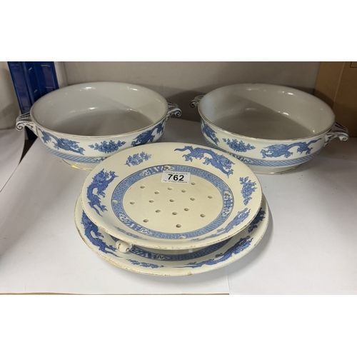 762 - 2 Booth tureens (no lids) Cauldron blue & white plates & sieve & a Masons jug