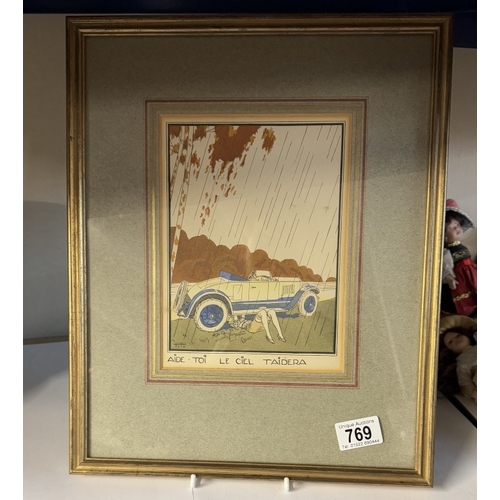 769 - An art deco style watercolour of a lady fixing a vintage car