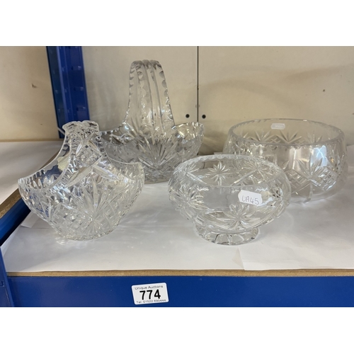 774 - 3 Cut glass bowls, one with a handle