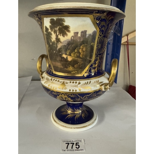 775 - A Derby cobalt ground vase of campana form with gilt snake handles, painted with a traveller in a wo... 