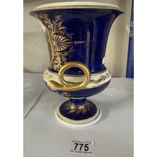 775 - A Derby cobalt ground vase of campana form with gilt snake handles, painted with a traveller in a wo... 