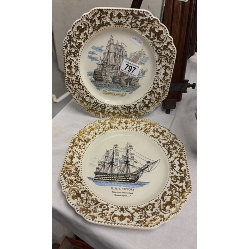 797 - 2 vintage Lord Nelson pottery collectors plates of HMS Victory & The Battle Of Trafalgar