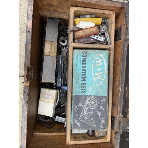 837 - A large vintage wooden chest of assorted tools, spanner combination sets etc