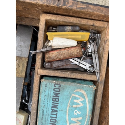 837 - A large vintage wooden chest of assorted tools, spanner combination sets etc