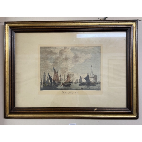 925 - A pair of framed and glazed prints featuring Dutch and English fishing boats.