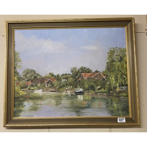 927 - An oil on board river scene signed Gwen Davis, 56 x 58 cm.