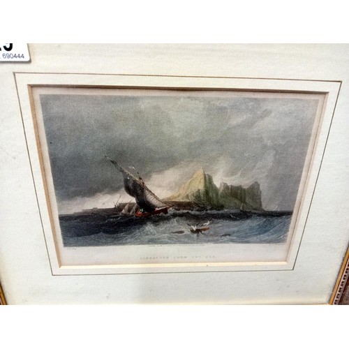 929 - A gilt framed glazed etching Gibraltar from the sea (Drawn from nature by Lieutenant H.E Allen)