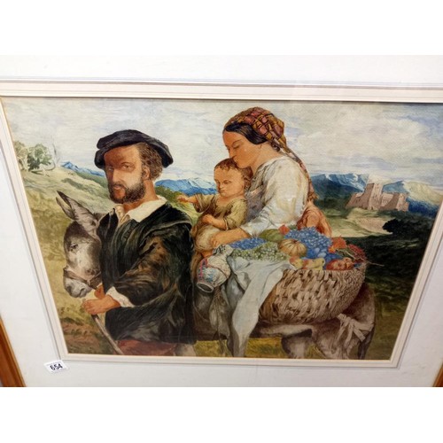 654 - A framed & glazed finely painted 19th century religious watercolour portraying the Holy Family trave... 