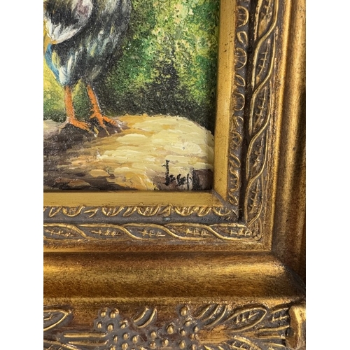 1351 - An ornate gilt framed over painted print of a cockerel