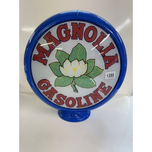 1355 - A large reproduction magnolia gasoline petrol pump globe with glass panels. Height 42cm, width 42cm,... 