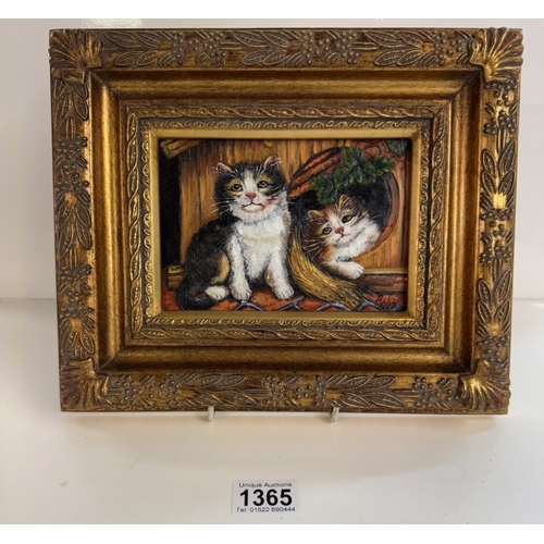 1365 - An ornate gilt framed over painted print of 2 cats