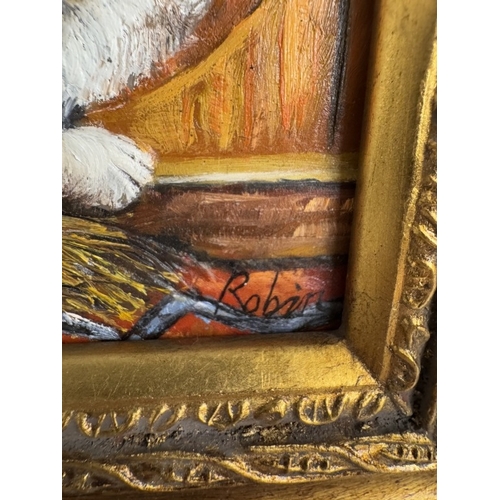 1365 - An ornate gilt framed over painted print of 2 cats