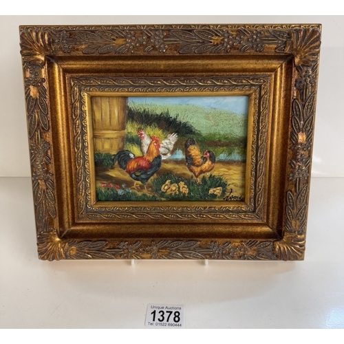 1378 - An ornate gilt framed over painted print of 3 chickens/cockerels