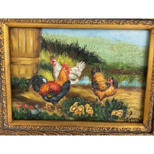 1378 - An ornate gilt framed over painted print of 3 chickens/cockerels