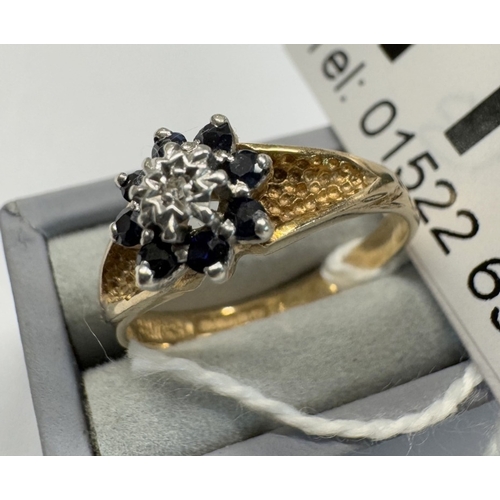 1101 - A diamond and sapphire cluster ring, dated Sheffield 1979, 9ct gold, size L, 2.15 grams.