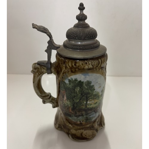 1309 - A vintage German beer stein with military gentlemen & countryside scenes