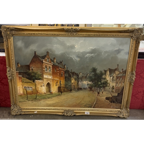 1327 - A gilt framed signed oil on canvas town scene, image 90 x 60 cm, frame 105 x 75 cm.