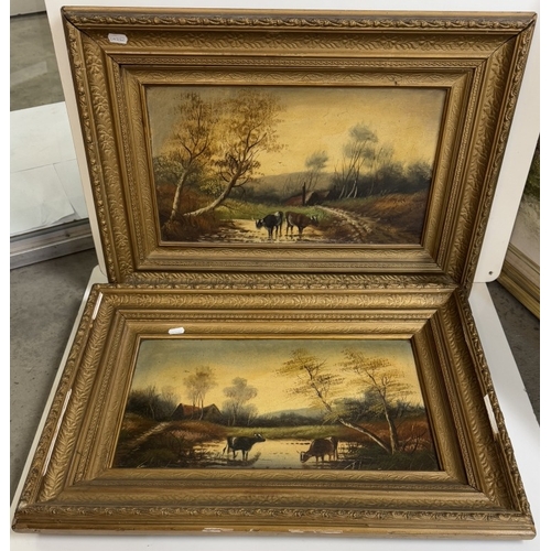 1333 - A pair of gilt framed oil on canvas rural scene with cattle, image 44 x 23 cm, frame 63 x 43 cm.