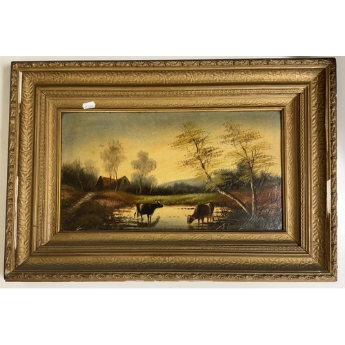 1333 - A pair of gilt framed oil on canvas rural scene with cattle, image 44 x 23 cm, frame 63 x 43 cm.