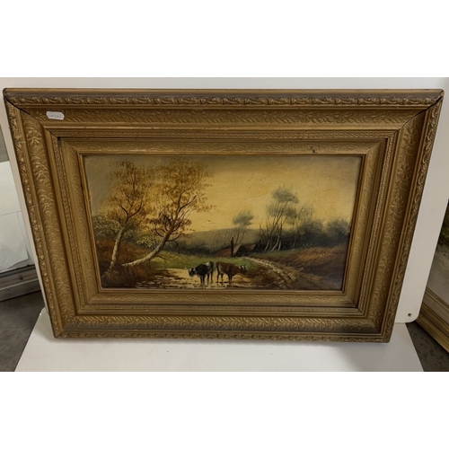 1333 - A pair of gilt framed oil on canvas rural scene with cattle, image 44 x 23 cm, frame 63 x 43 cm.