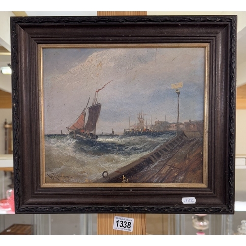 1338 - A vintage painting on board of a fishing boat by harbour wall