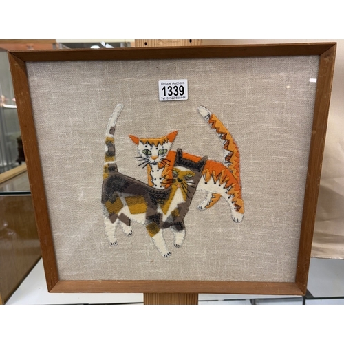 1339 - A framed & glazed felt & mixed media cats picture