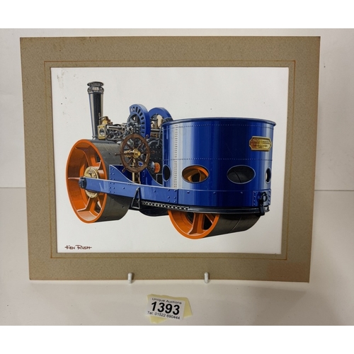 1393 - A Ken Rush gouache painting of a steam road roller by Aveling X Porter Rochester