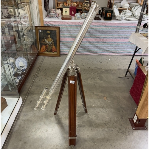 1433 - A large silver plated brass telescope on tripod stand. Length 98cm