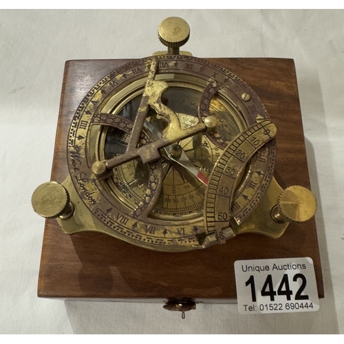 1442 - A brass multi sextant / sundial in brass bound teak box