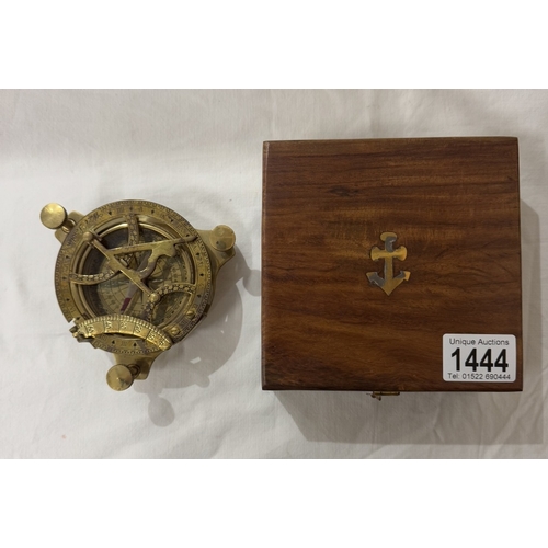 1444 - A brass multi sextant / sundial in brass bound teak box