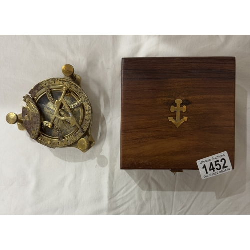 1452 - A brass multi sextant / sundial in brass bound teak box