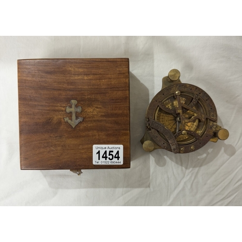 1454 - A brass multi sextant / sundial in brass bound teak box