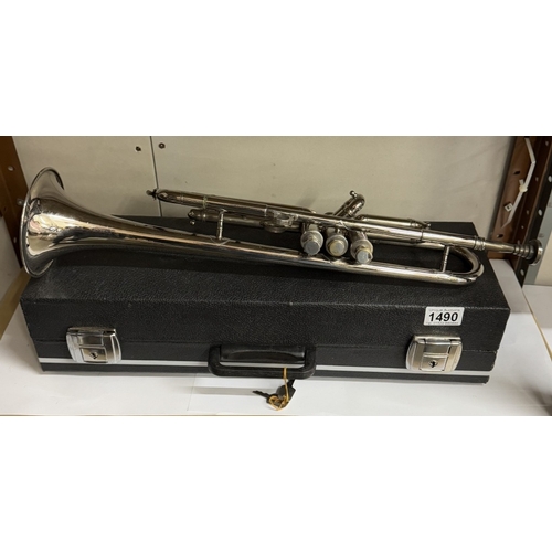 1490 - A silver plated trumpet with case