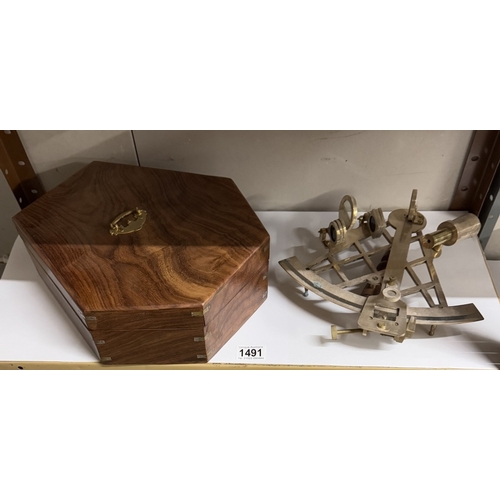 1491 - A brass sextant in teak box