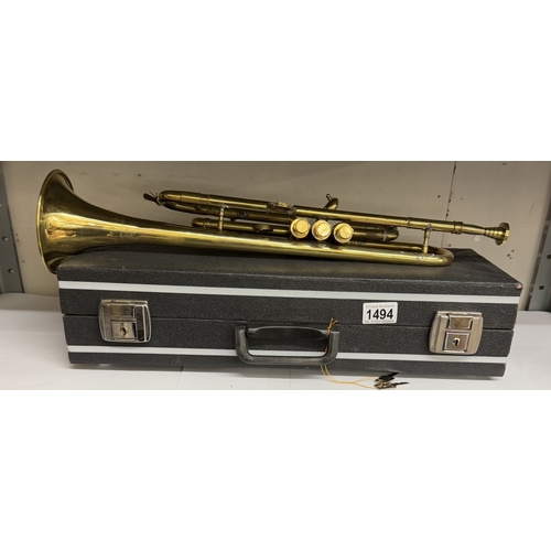 1494 - A brass trumpet with case