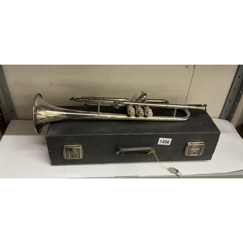 1496 - A silver plated trumpet with case