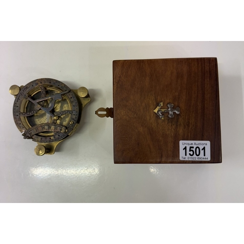 1501 - A brass multi sextant / sundial in brass bound teak box