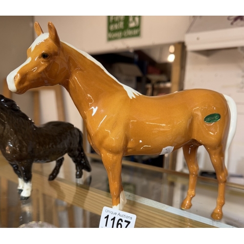 1167 - 3 Beswick horses, Shire & small horse have chipped / repaired ears. Light brown undamaged.