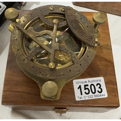 1503 - A brass multi sextant / sundial in brass bound teak box