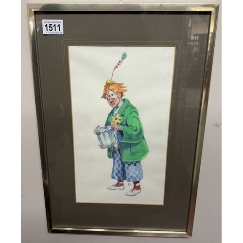 1511 - A vintage framed watercolour of a clown. Signed AJS