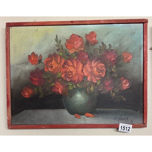 1512 - A framed & signed M Yellis (20th century) oil on linen canvas still life with red & orange roses.