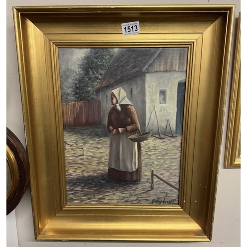 1513 - A gilt framed oil on canvas lady in a yard, signed. Image 30 x 40 cm, frame 45 x 55 cm.