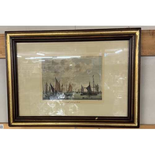 1523 - A pair of framed and glazed prints featuring Dutch and English fishing boats.