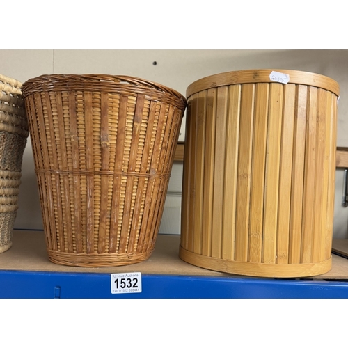 1532 - 4 vintage wicker waste paper bins & a plant stand