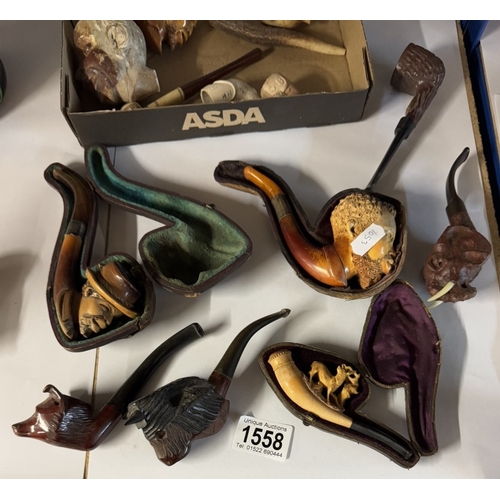 1558 - A quantity of vintage pipes including Meercham, carved wood & clay