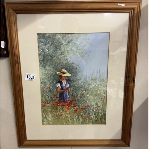 1509 - An original John Horsewell oil on board painting of a girl standing amongst poppies.