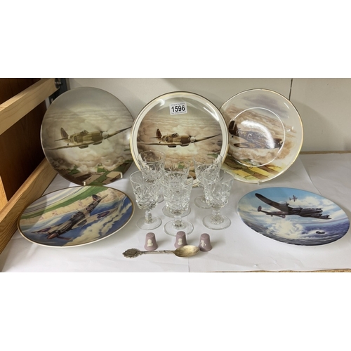 1596 - A quantity of Royal Worcester aircraft plates, pink Wedgwood thimbles & hallmarked silver RAF badmin... 