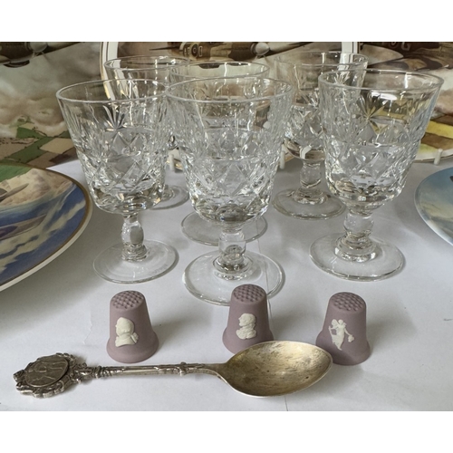 1596 - A quantity of Royal Worcester aircraft plates, pink Wedgwood thimbles & hallmarked silver RAF badmin... 