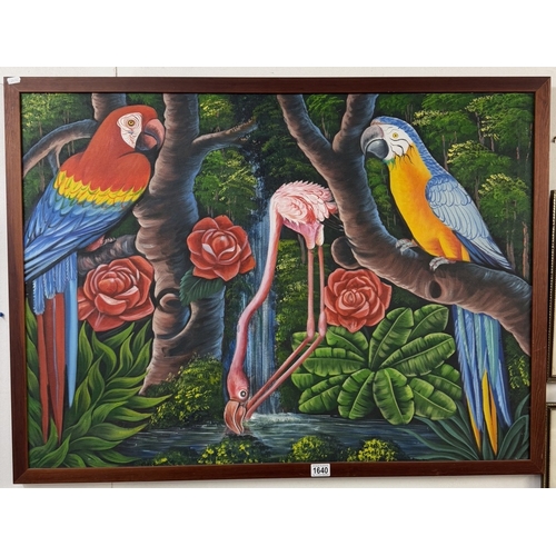 1640 - A large colourful painting on canvas of Macaw Parrots with Flamingo in the jungle