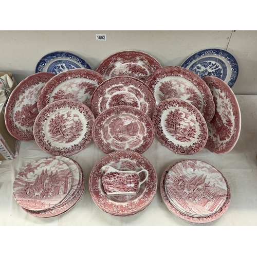 1802 - A good lot of red & white dinnerware (Similar to masons) & Blue willow plates